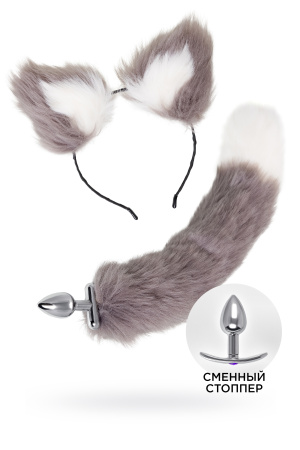 Анальная втулка с хвостом и ушки TOYFA Metall, серебристая, 44.4 см