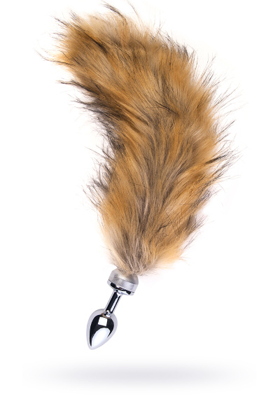 Анальная втулка TOYFA Metall, металл, серебристая, с большим рыжим хвостом, 6 см, Ø 2,9 см