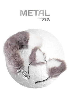 Анальная втулка с хвостом и ушки TOYFA Metall, серебристая, 44.4 см